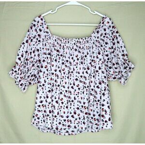 Melloday Purple Square Neck Blouse Floral Print Flutter Sleeves Womens Sz Large